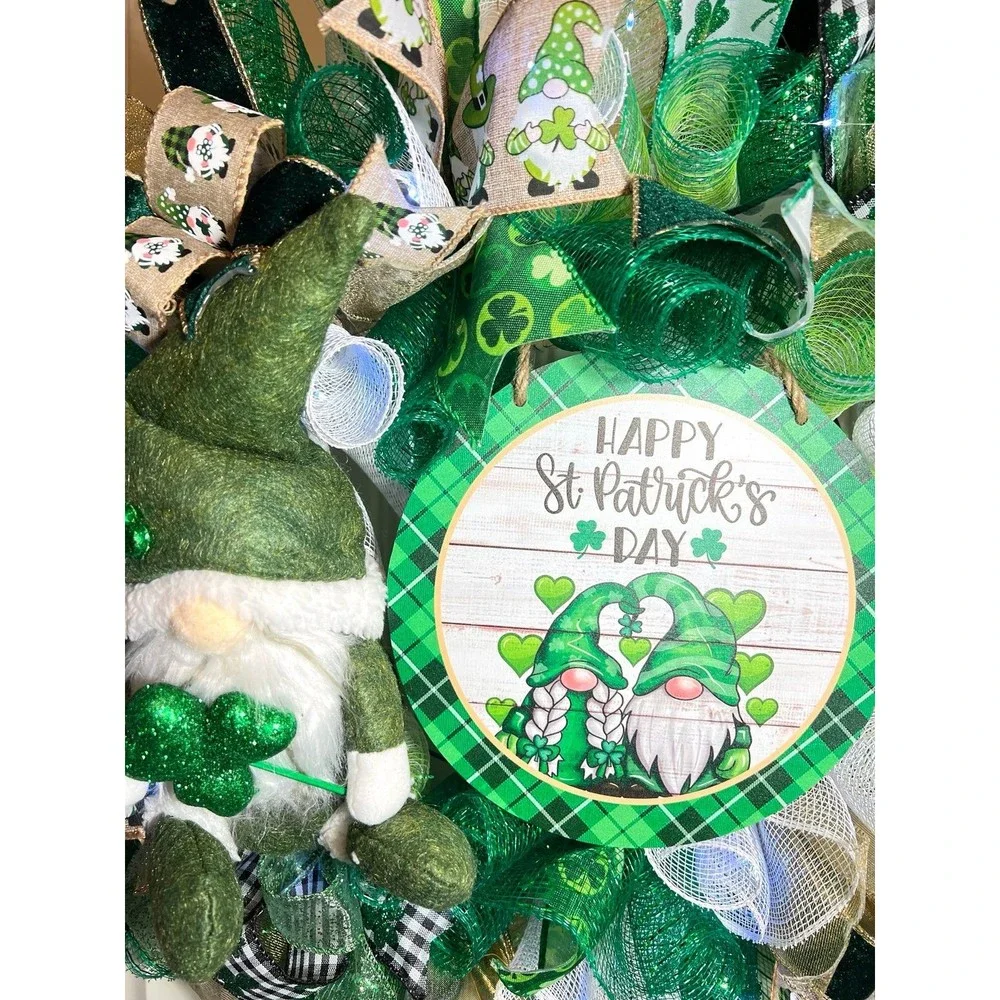 Handmade Happy St. Patrick’s Day Gnome Ribbon Prelit Wreath 22 ins LED W13